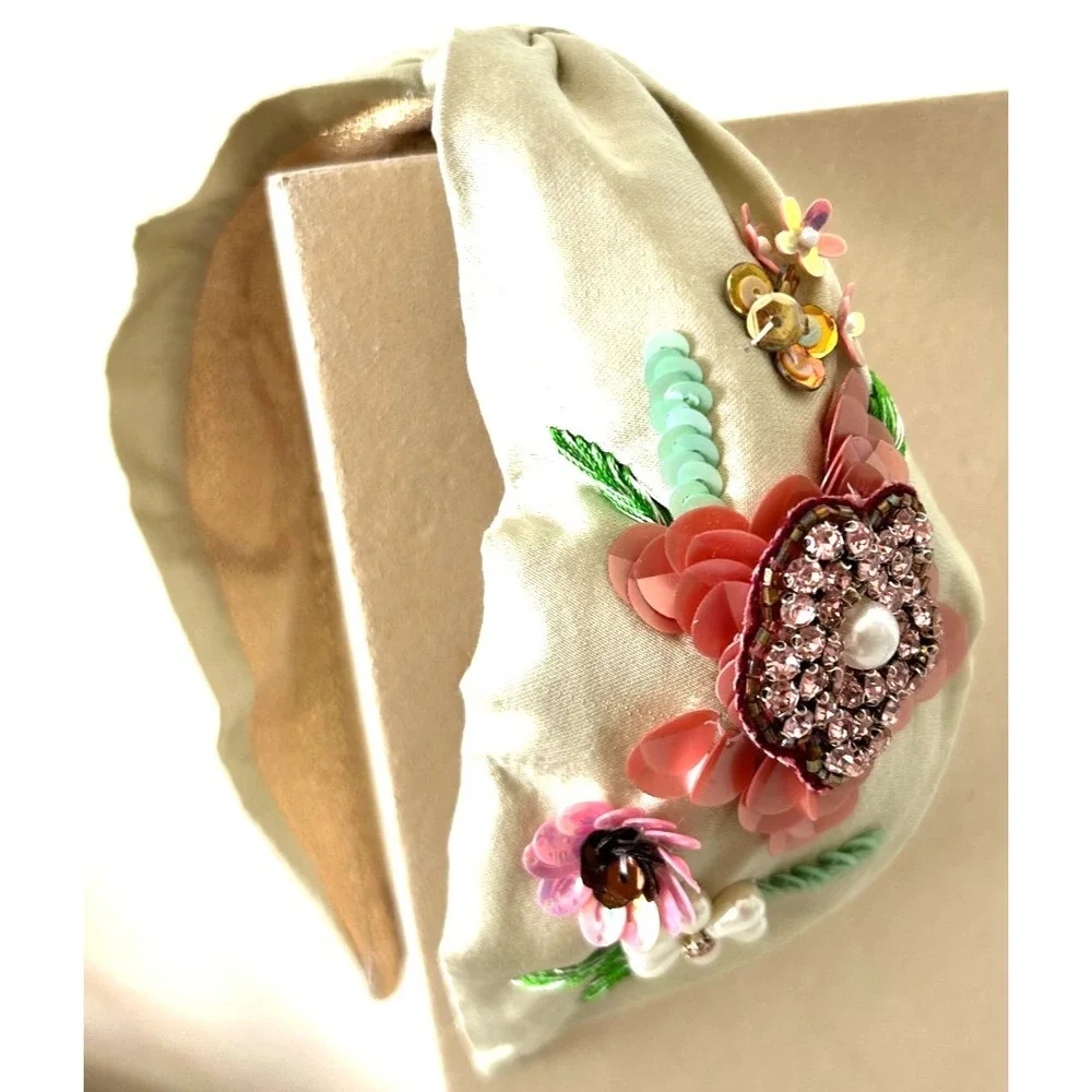 Powder Design Hand Embellished Floral Headband Sequin Bead Sage Pink Boho EUC